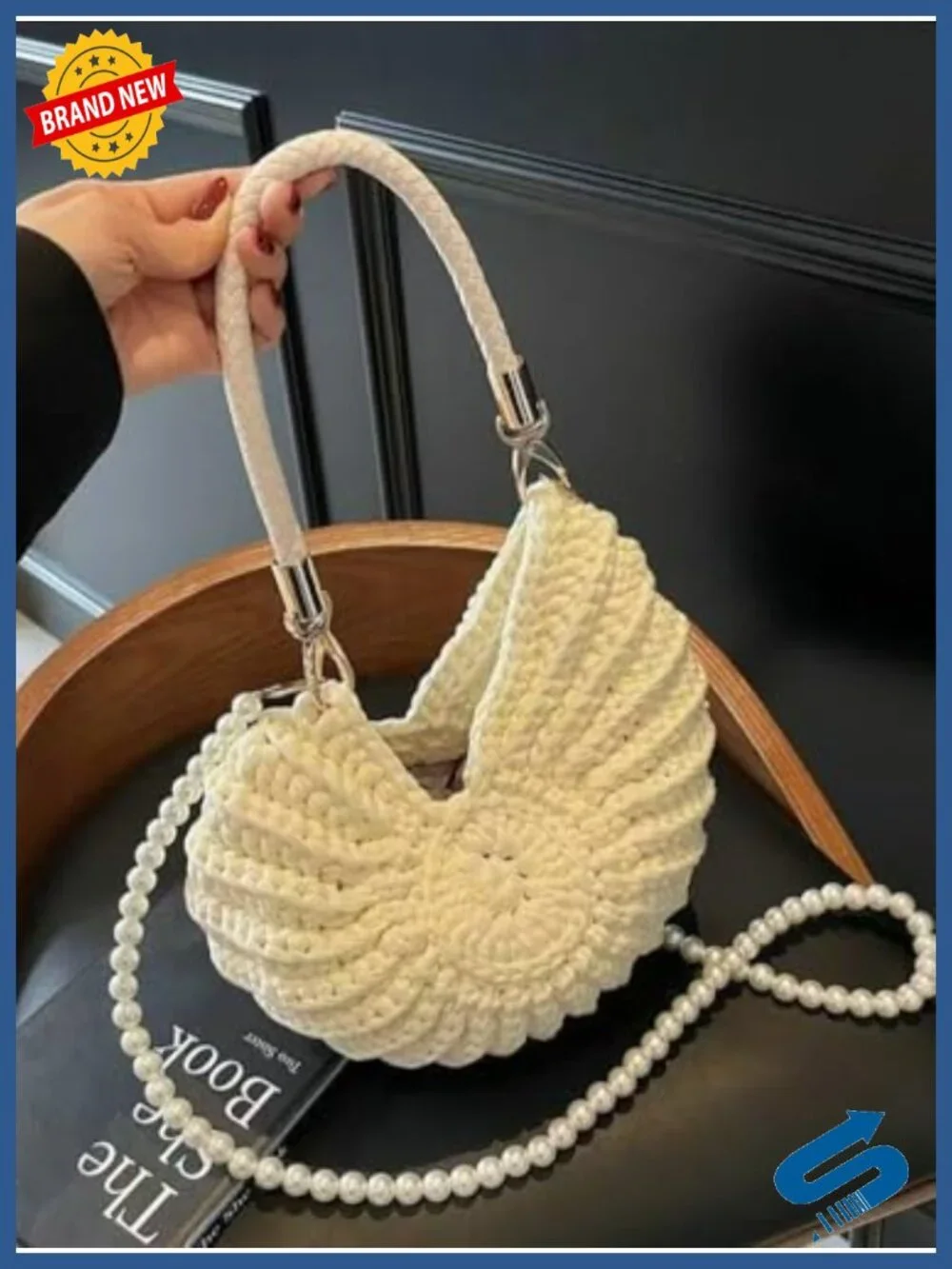 Hand-Crocheted Snail Shell Woven Tote Bag with Pearl Chain Shoulder Handbag